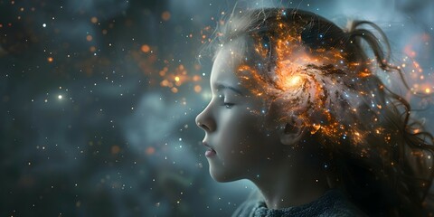 A young girl with a glowing universe in her mind representing auditory hallucinations and emotional swings in schizophrenia. Concept Schizophrenia Depiction, Auditory Hallucinations - obrazy, fototapety, plakaty