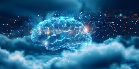 A conceptual image showing a human brain connected to clouds symbolizing the integration of human intelligence with cloud technology. Concept Technology Integration, Cloud Computing