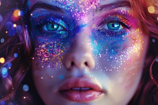 Cosmic-inspired creative makeup on a captivating woman's face, featuring ethereal colors, celestial patterns, and an otherworldly allure in a mesmerizing digital painting