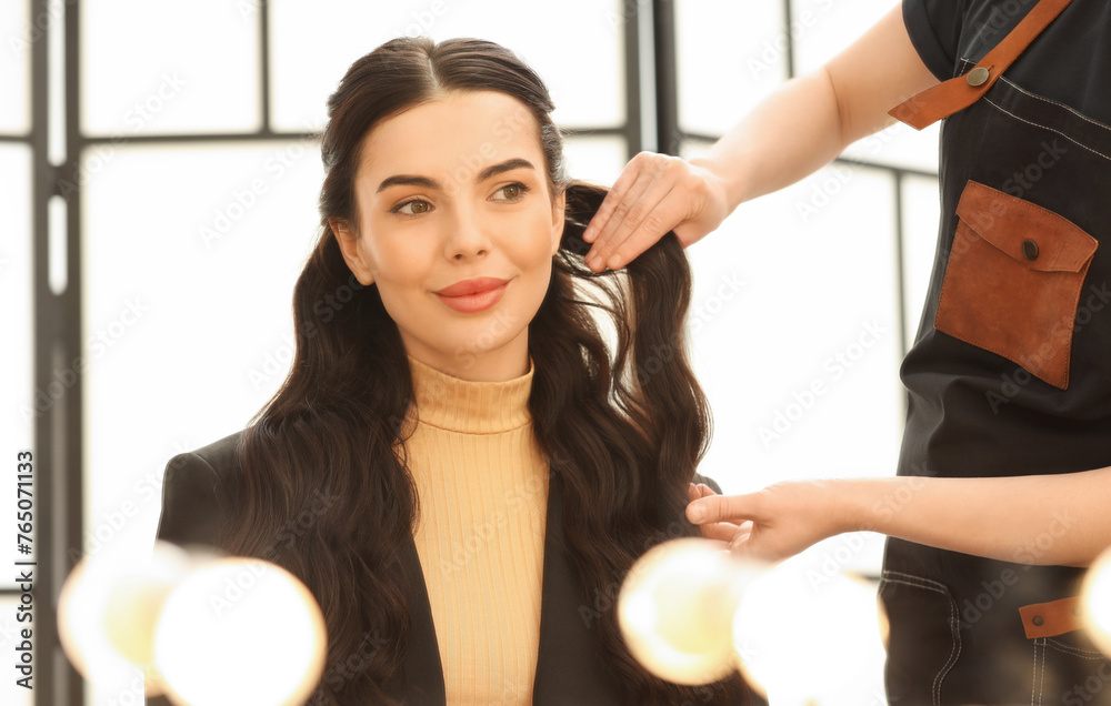 Sticker Hair styling. Professional hairdresser working with client indoors, closeup