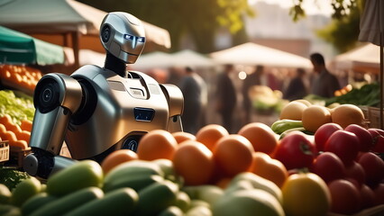 A blue robot works during the day in the summer on the street at a grocery market
