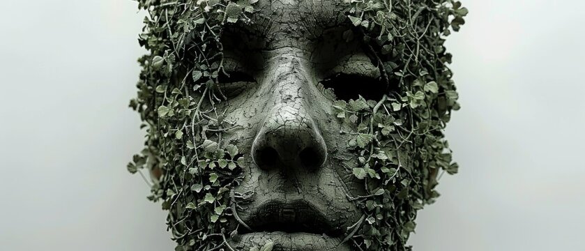  Close-up photo of person's face with vines emerging from forehead and chin