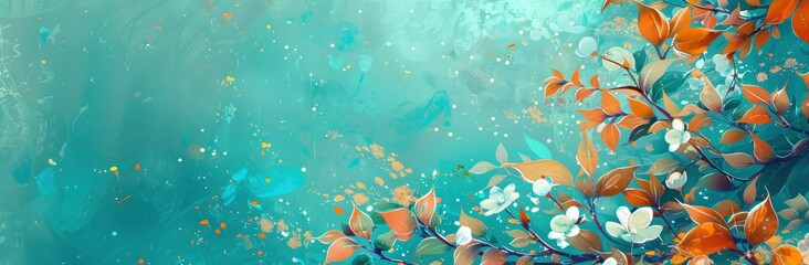 Watercolor background with orange, and blue leaves, white flowers.