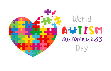 World Autism Awareness Day social media poster. Network timeline post. Cut heart shape with puzzles. Creative typography. School banner. Colorful design. Isolated graphic elements. Educational logo.