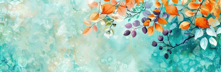 Watercolor background with orange, and blue leaves, white flowers.