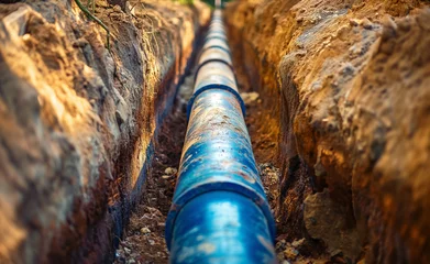 Tuinposter Underground water pipeline installation. Urban Water Infrastructure Development. © Curioso.Photography