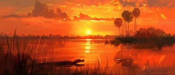 Fototapeten  A depiction of a sunset on water with a crocodile in the foreground and a boat nearby © Wall