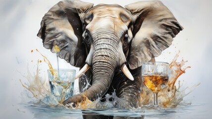 the elephant drinks whiskey from a glass glass . Spray is flying
