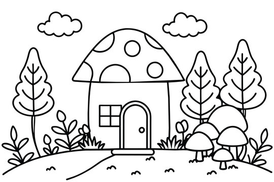 Tiny fantasy house with mushrooms on roof in forest. path leads to fairy elf or animal home in woodland in summer. landscape with trees and bushes, grass and daisy flowers. line art vector illustratio