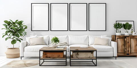 Square coffee table near white sofa and rustic cabinets against white wall with blank poster frames with copy space.