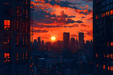 Calm Cityscape at Dusk: A Serene Illustration of Urban Life in Colorful Twilight