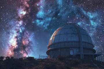 Galactic Observatory Stargazing at the Edge of the Universe, Digital Illustration - obrazy, fototapety, plakaty
