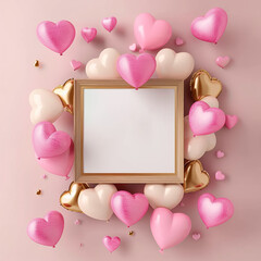 A white frame with a pink background and a bunch of gold and pink balloons surrounding it. The balloons are arranged in a way that they form a heart shape