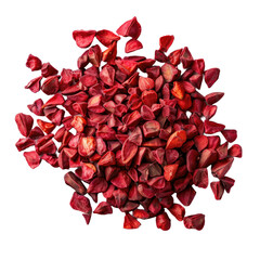 A pile of red fruit pieces on a white background
