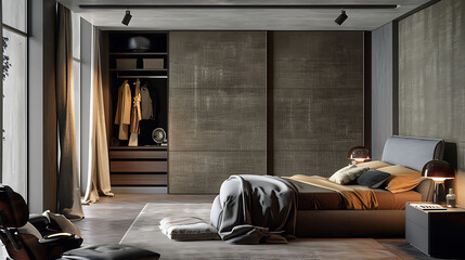 Contemporary bedroom with a fabric-covered wall concealing a hidden wardrobe alcove - obrazy, fototapety, plakaty