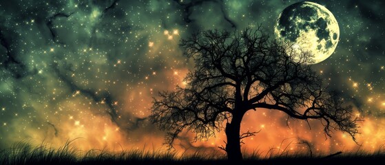  A tree against the moonlit sky, with stars shining in the background