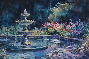 Gardens of the Moonlight Sonata - Watercolor Illustration of a Mystical Night Garden with Luminous Flowers