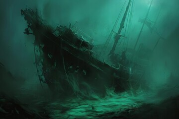 Ghostly Shipwreck Eerie Undersea Exploration, Digital Painting - obrazy, fototapety, plakaty