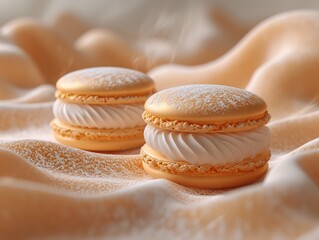 Obraz na płótnie Canvas Delicate Macarons on a Silky Cream Fabric. An Elegant Gourmet Composition