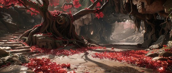  A whimsical depiction portrays a lush woodland realm, at its heart, an ancient tree stands tall with vibrant scarlet blossoms carpeting the earth below - obrazy, fototapety, plakaty