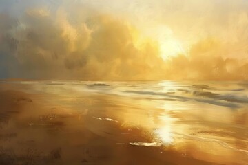 Fototapeta na wymiar Golden Sunset Dreamscape Over Ocean - Digital Painting of Serene Beach with Ethereal Quality