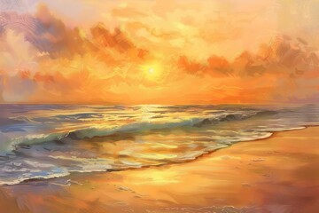 Golden Sunset Dreamscape Over Ocean - Digital Painting of Serene Beach with Ethereal Quality
