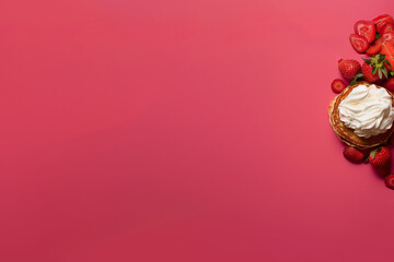 Obraz na płótnie Canvas pancake recouvert de crème fouettée avec des fraises autour, pour un petit déjeuner américain gourmand sur fond rose vif avec espace négatif copy space