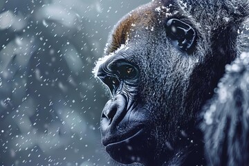 Gorilla's Frosty Domain Majestic Winter Portrait, Digital Illustration - obrazy, fototapety, plakaty