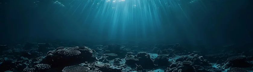 Fotobehang 4K deep sea adventure, mysterious ocean depths, wide view, high-resolution, enigmatic and dark © Sawit