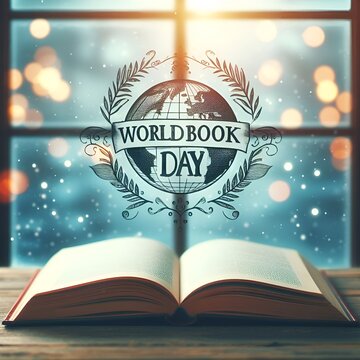 World Book and Copyright Day. Open book with hand on blured blue background