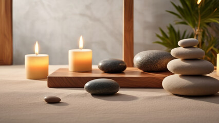Obraz na płótnie Canvas Serenity Oasis: Meditation Stones, Warm Spa, and Ambient Comfort