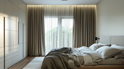 Contemporary bedroom with floor-to-ceiling curtains hiding built-in wardrobe storage