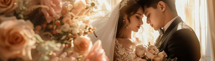 AI-curated wedding album, diamond details, pastel rose ambiance, love story beautifully captured