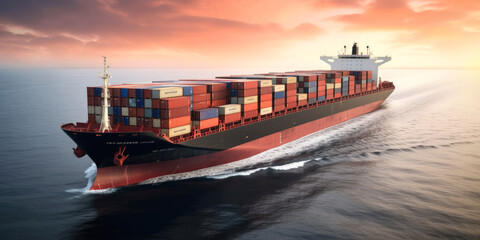generated illustration of container ship loaded carrying shipping containers in the sea - obrazy, fototapety, plakaty