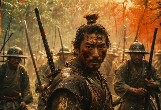 Portrait of a Japanese samurai. A soldier fighting with a samurai sword