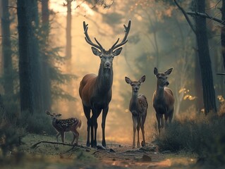 Deer family alert to predators, misty forest at dawn, wide shot, suspenseful natural setting - obrazy, fototapety, plakaty