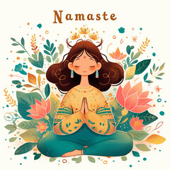 A woman is shown in a drawing with a lot of green plants around her. She is praying and the word "Namaste" is written below her