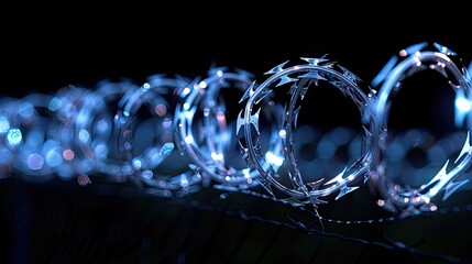 Industrial protection. Behold the sharpness of metal barbed wire on a black background, symbolizing the robust defense and security measures in place, a striking image of protection and safety - obrazy, fototapety, plakaty