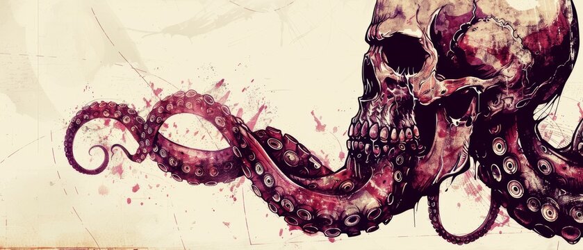 Draw a spooky octopus with skull in tentacles, surrounded by blood splatters