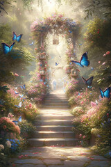 Lush pastel garden gate and stairs filled with butterflies, birds and dreamy environment, Painting style V2.