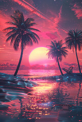Retro vaporwave style mountains sun and palm trees, grid neon lines, video game cyberpunk style vibe 80s background, wallpaper hd