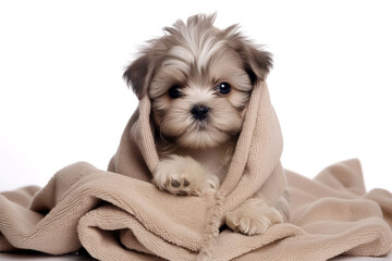Dog wrapped in a blanket isolated on a white background in front of the camera close up
 - obrazy, fototapety, plakaty