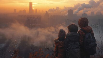Obraz premium children aged 4 and 5 look at the sky and see smog, urban scenery, city in smog observed by children,generative ai