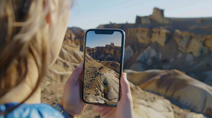 Taking pictures with mobile in desert.