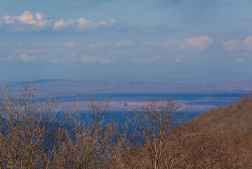 Fabulous landscape with settlements and mountains at Armenia-Georgia state border