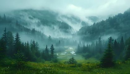 Acrylglas douchewanden met foto Tatra Misty Vintage Woods A Retro-Inspired Journey Through Fir Forest