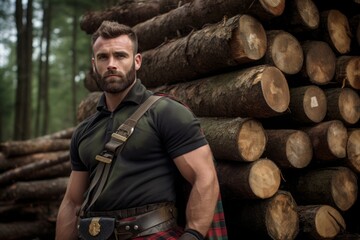 man in a Scottish kilt next to a stack of huge logs. copy space. - obrazy, fototapety, plakaty