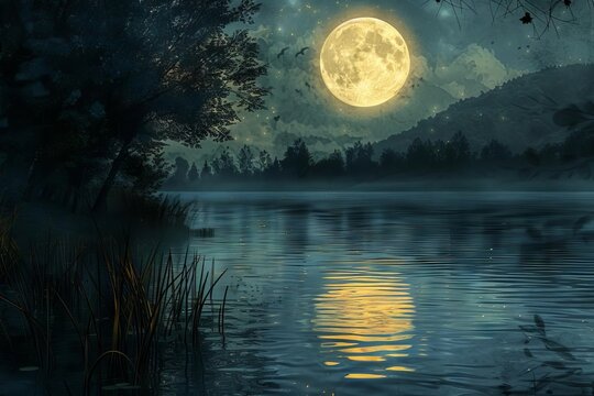 Harvest Moon Over Tranquil Lake - Digital Painting of a Full Moon Night with Reflection in Water
