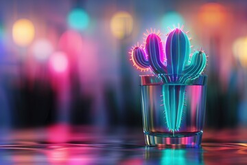 Neon cactus illuminating an empty glass, close-up, low light, symbol of solitude, still life style, 3D illustration - obrazy, fototapety, plakaty