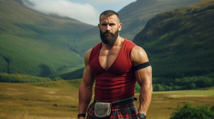 portrait of a mature muscular man in a T-shirt and red kilt outdoors - obrazy, fototapety, plakaty